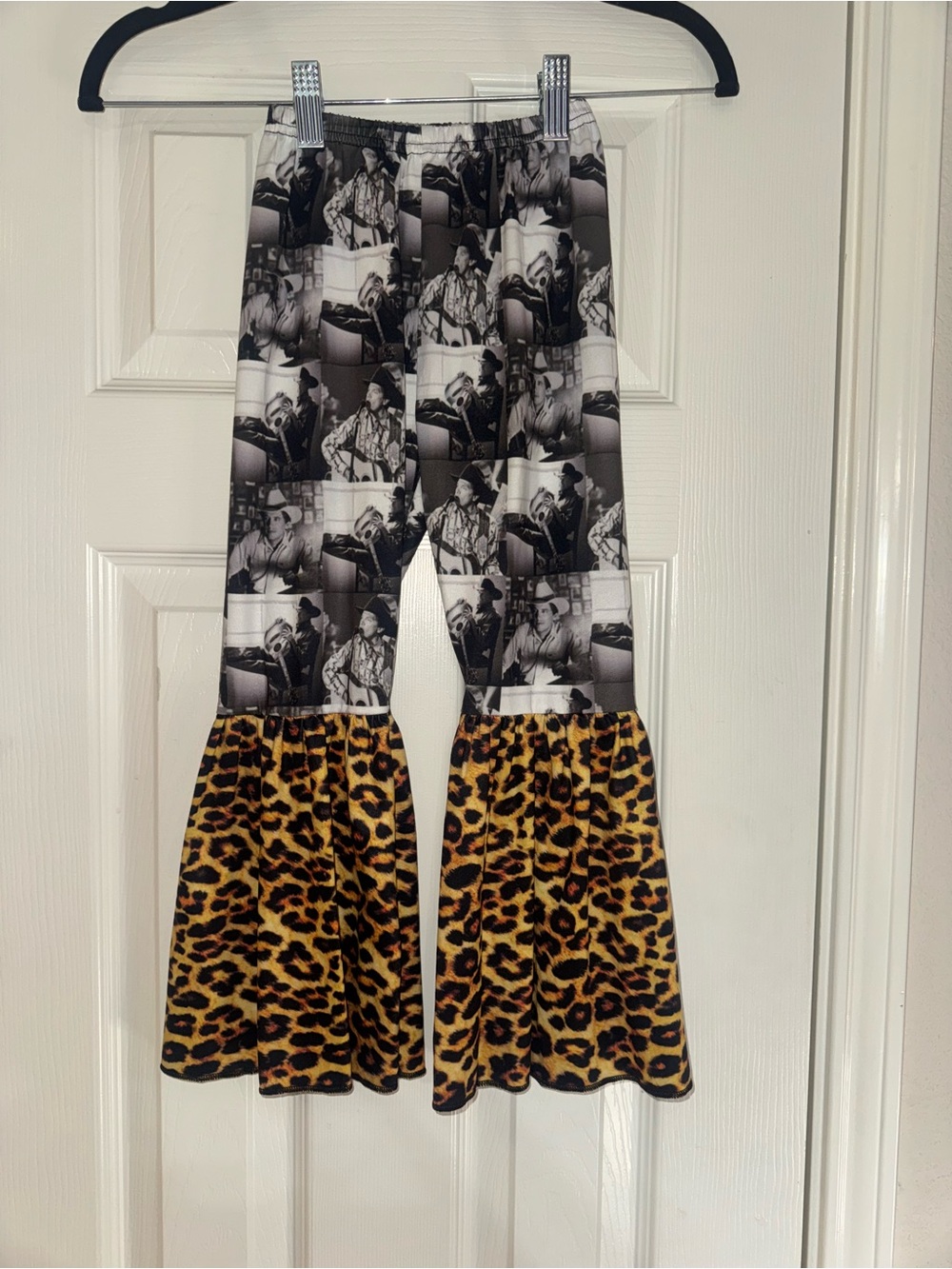 Black & White George Strait Bell Bottom Pants with Leopard Ruffle Hem
